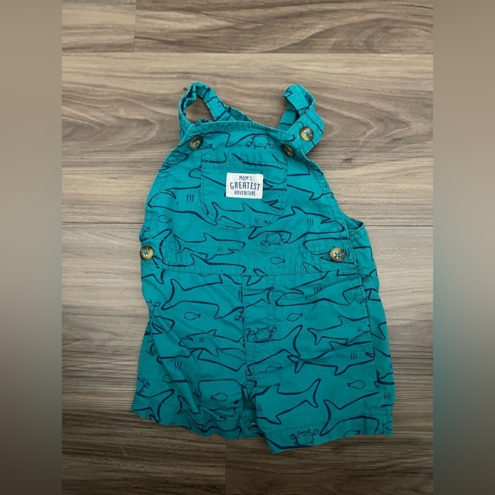 Carter's Baby Teal Shark Print Short Overalls size 3M